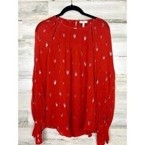 Joie Womens S Red Silver Mosi Lightweight Silk Long Sleeve Aztec Boho Blouse
